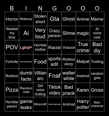 Yt Shorts Bingo Card