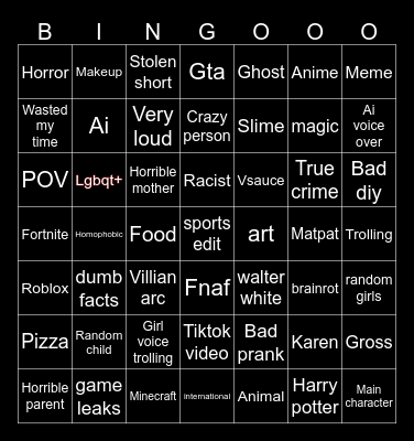 Yt Shorts Bingo Card