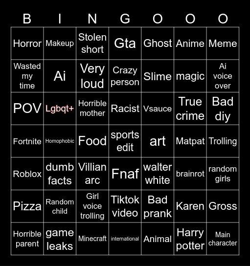 Yt Shorts Bingo Card