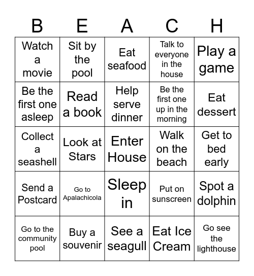 Beach Trip  2024 Bingo Card