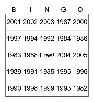 Years Bingo Card