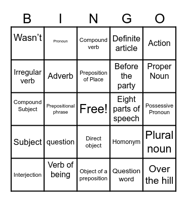 Parts of Speech Bingo Card