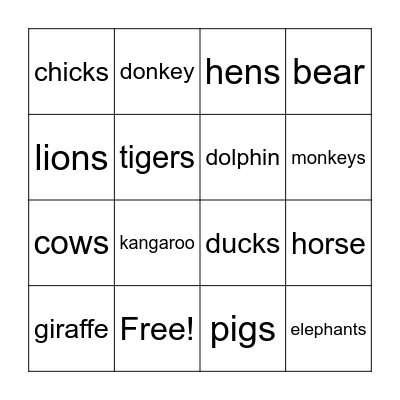 ANIMALS Bingo Card