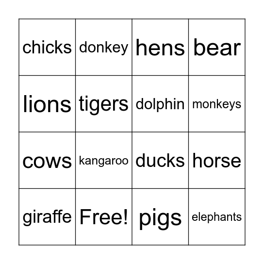 ANIMALS Bingo Card