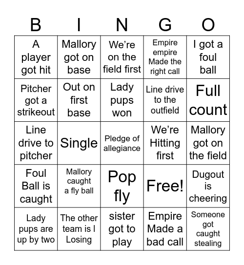 Lady pup softball Bingo Card