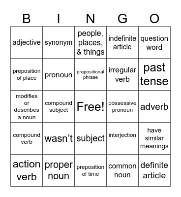 Parts of Speech Bingo Card