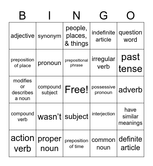 Parts of Speech Bingo Card