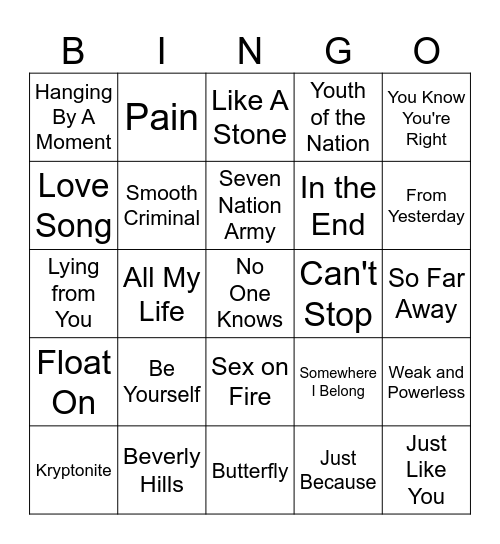2000's Alternative Bingo Card