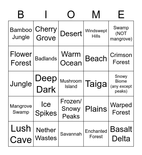 Biome Bingo Card
