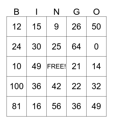 Multiplication Facts Bingo Card