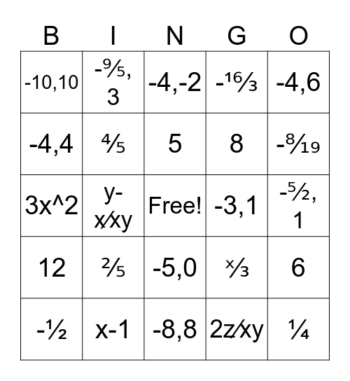 complex fractions Bingo Card