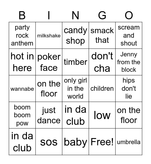 2000s songs Bingo Card