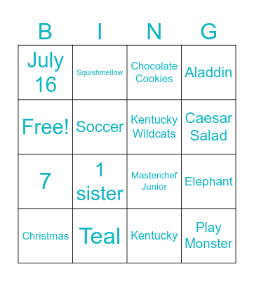 Emma's Favorite Things Bingo Card