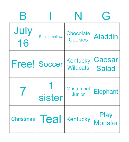 Emma's Favorite Things Bingo Card