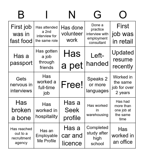Job Club Bingo Card