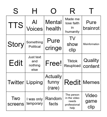 YouTube Shorts Bingo Card