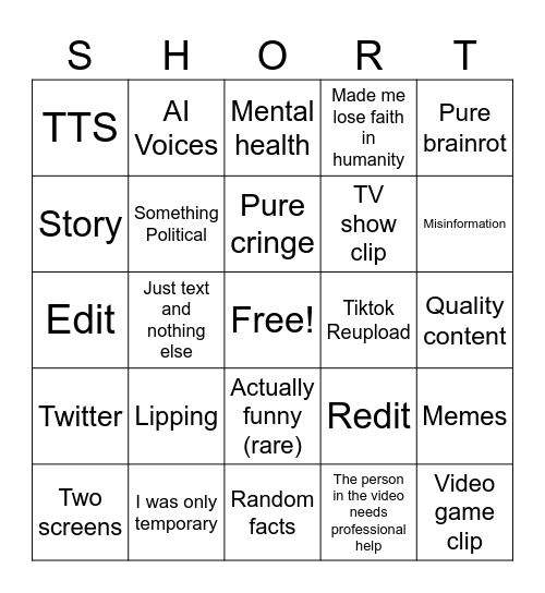 YouTube Shorts Bingo Card