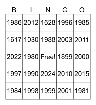 years Bingo Card