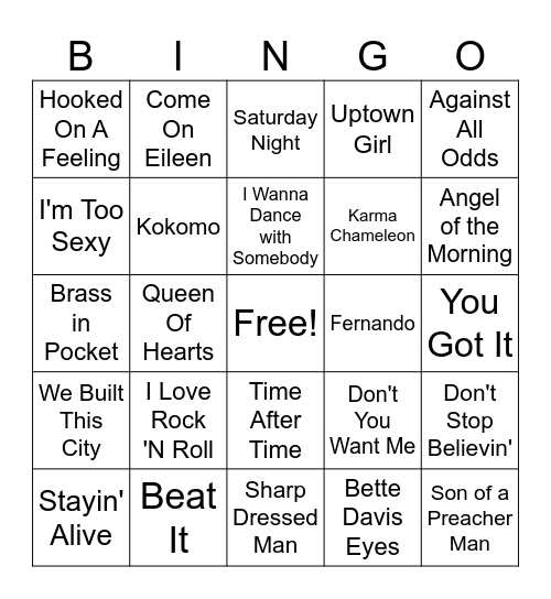 80's Karaoke Hits Bingo Card