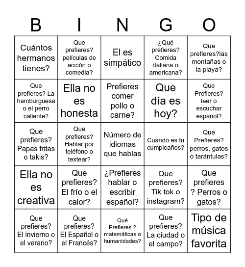 Que Prefieres? Yo prefiero ______ Bingo Card