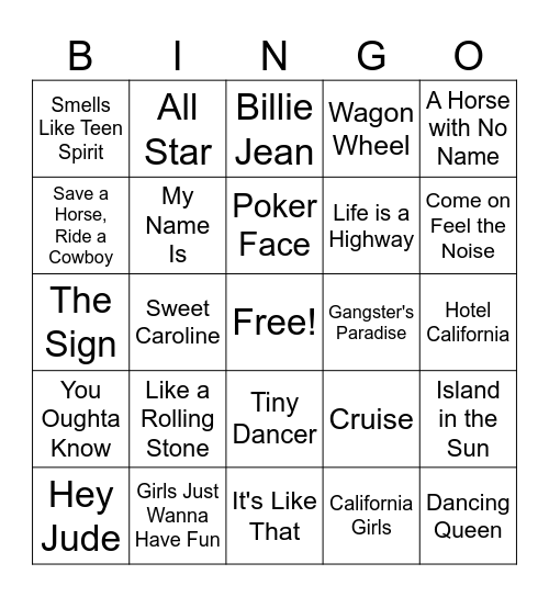 Mixed Genre Music Bingo Card