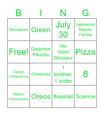 Cason's Favorite Things Bingo Card