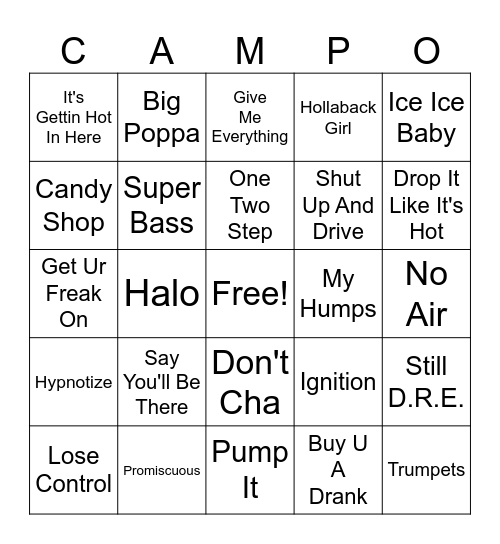 90's/2000 Hip Hop Mashup Bingo Card