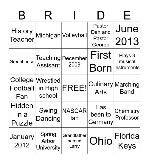 Kristen and Kyle Bingo Card