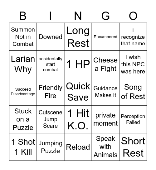 Full Party Baldur's Gate 3 Bingo Card