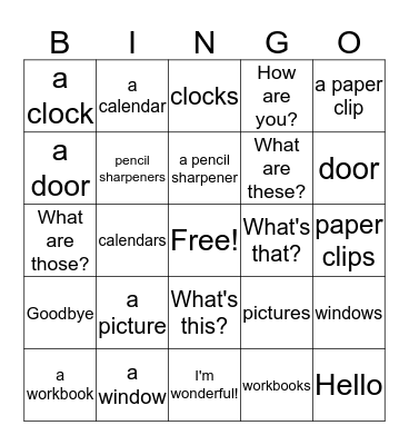 Things in the Classroom Bingo Card