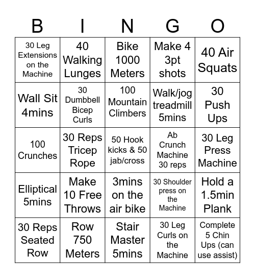Oskayak Workout Bingo Card