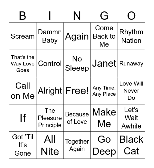Janet Jackson Bingo Card