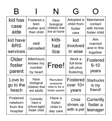 Foster Parent Bingo Card
