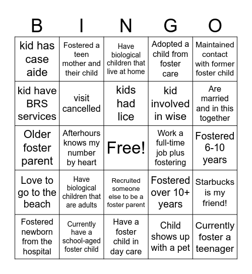 Foster Parent Bingo Card