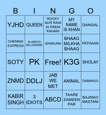 Bollywood Dance Party Bingo Card
