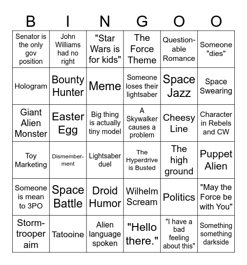 Star Wars Bingo Card