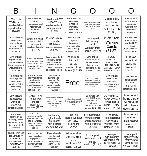 Team Body Project Bingo Card