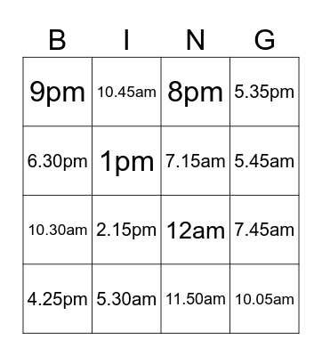 Telling the time Bingo Card