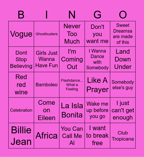 80's MUSICAL BINGO Card