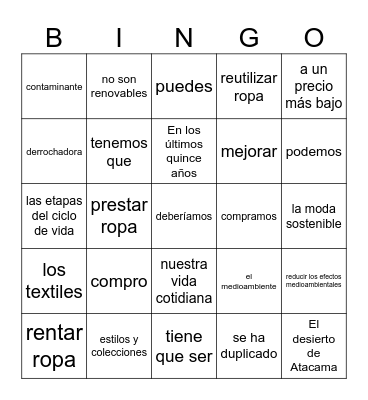 La moda rápida Bingo Card