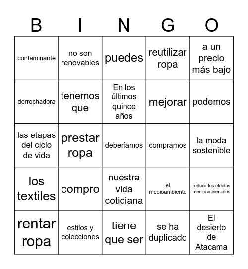 La moda rápida Bingo Card