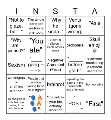 Instagram Comments Bingo Card