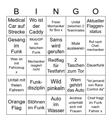 Racing League Bingo Card