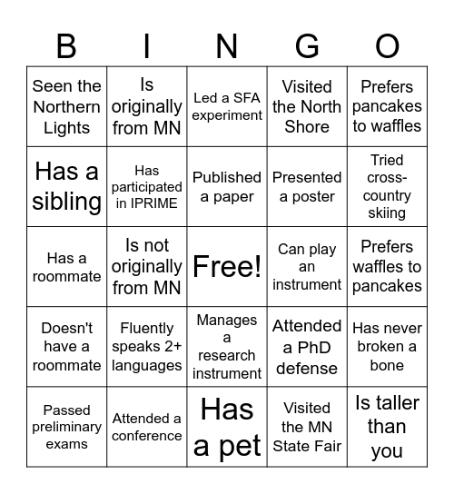 SFA Field Trip Bingo Card