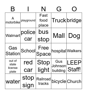 Bus Ride Bingo Card