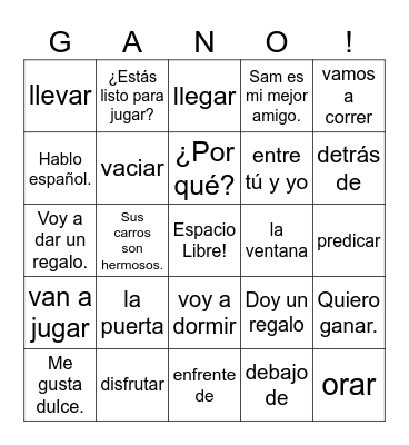 Spanish 1 Bingo Card
