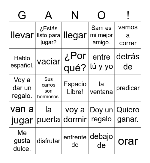 Spanish 1 Bingo Card