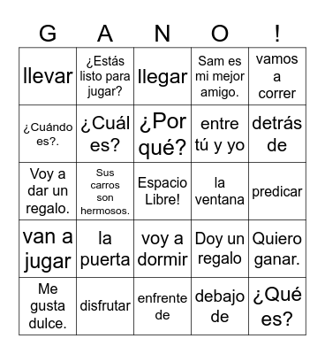Spanish 1 Bingo Card