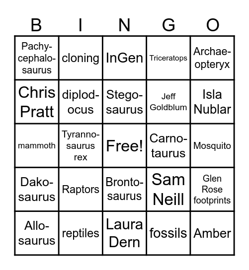 Jurassic Park Bingo Card