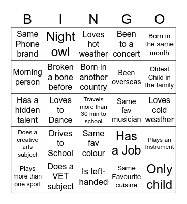 Meet and greet Bingo Card